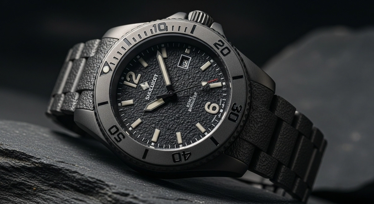 Reloj Phoibos Proteus 300M Blackout de titanio con movimiento Soprod P024.