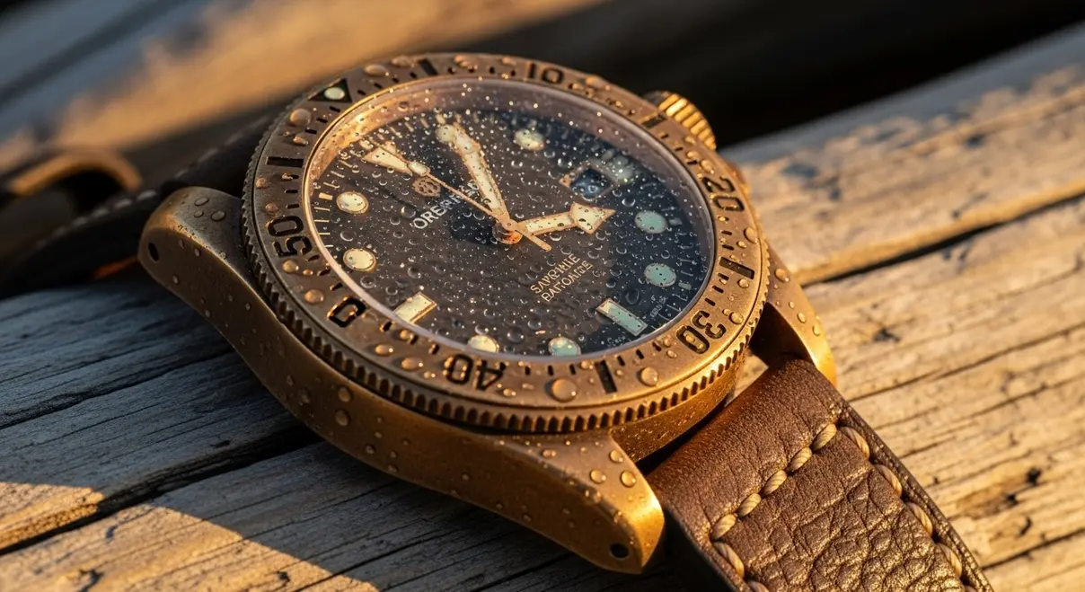 Primer plano de un reloj San Martin SN0129-G Bronze con la pátina orgánica desarrollada.