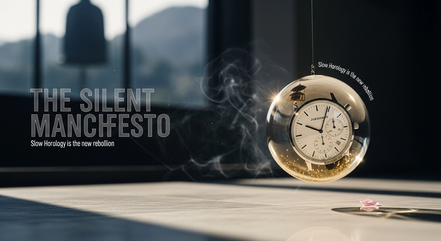 Portada manifiesto slow horology: reloj minimalista en esfera limpia evocando calma y lentitud