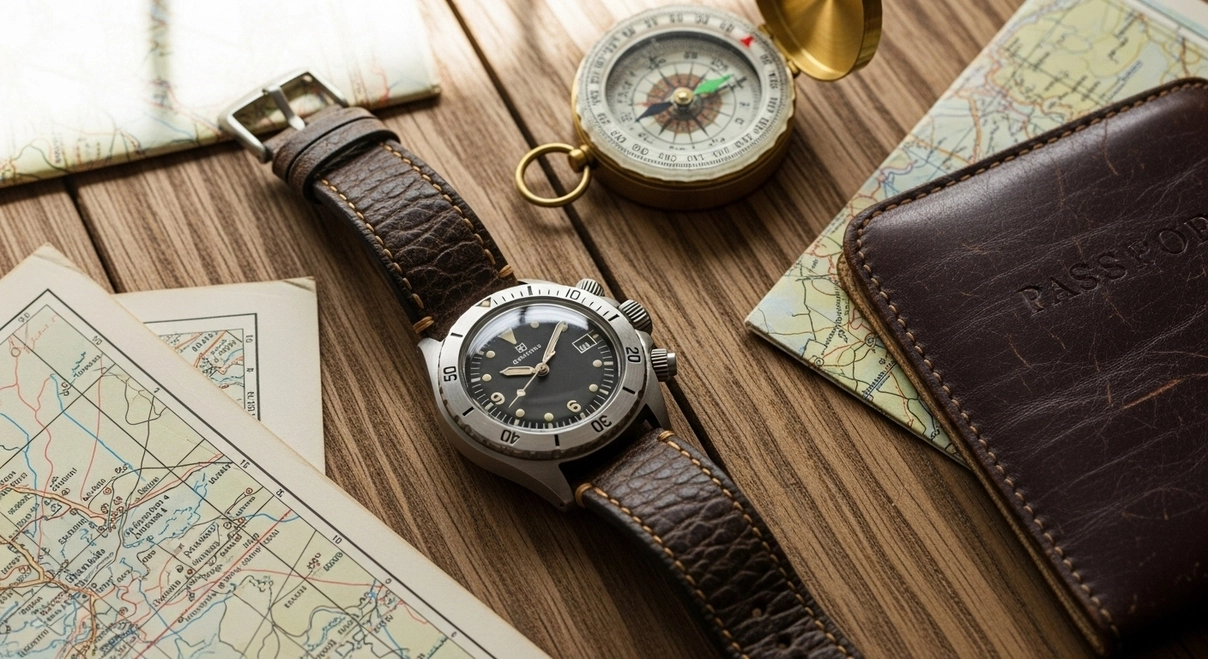 Vista plana de un reloj Spinnaker Bradner GMT Compressor con doble corona.