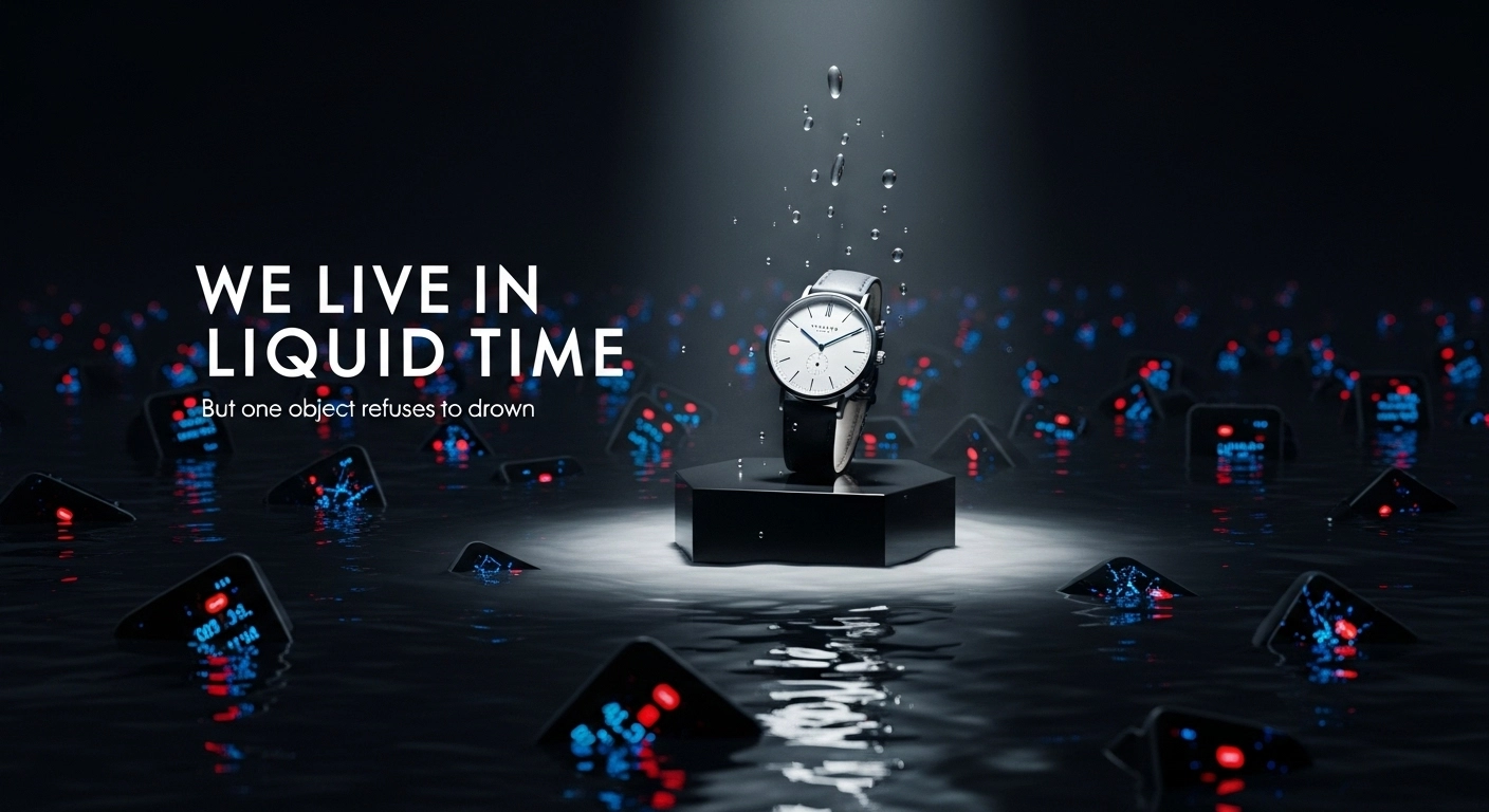 Metáfora visual del tiempo líquido: smartwatch fragmentado representando la prisa digital