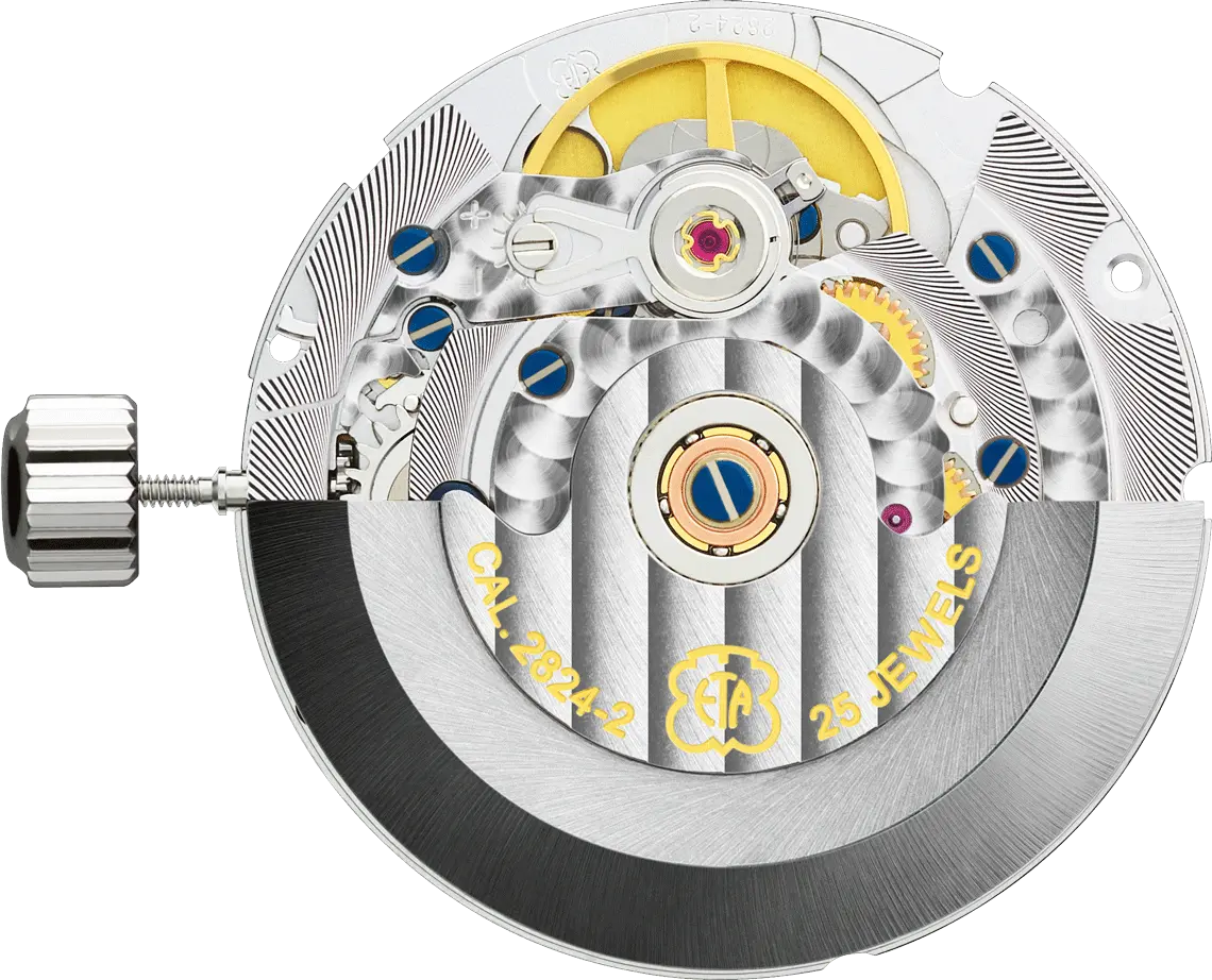 Movimiento automático suizo ETA 2824-2 mostrando el rotor y sistema de escape
