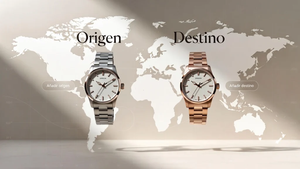 Comparador de zonas horarias con dos relojes para seleccionar origen y destino en Relojes Tiempo y Estilo