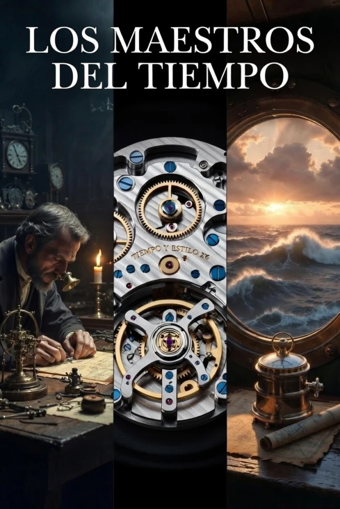 Ilustración editorial sobre los maestros del tiempo y la epopeya histórica de la relojería a lo largo de los siglos