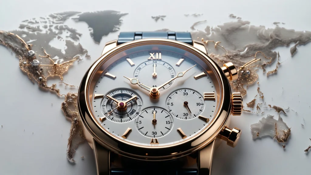 Reloj de alta gama en primer plano sobre un mapa mundial de diseño minimalista, representando la geopolítica del mercado relojero global y las exportaciones de lujo en 2026.