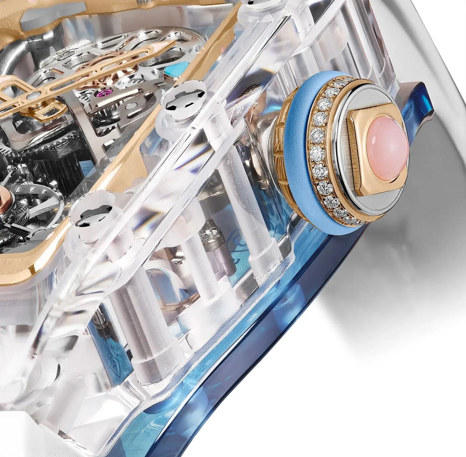 Richard Mille 25 Aniversario, detalle técnico de caja de zafiro y corona