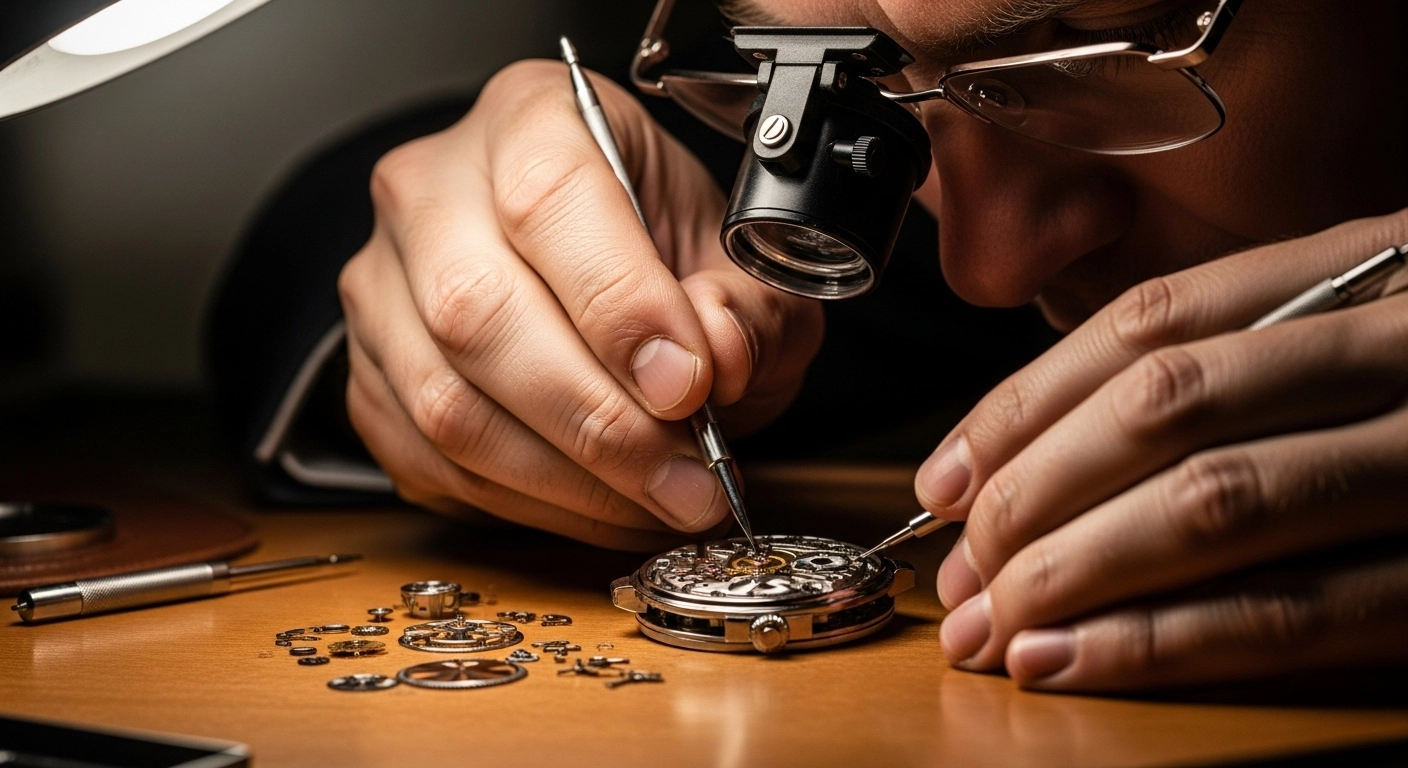 Relojero artesano restaurando calibre histórico