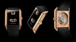 Tres vistas del reloj Audemars Piguet Neo Frame Jumping Hour en Sand Gold mostrando la esfera frontal, el perfil arquitectónico y el calibre 7122.