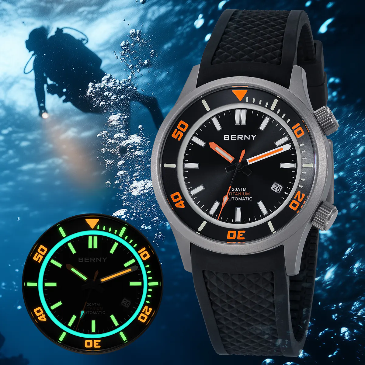 Berny AM339M Compressor de buceo con lume Super-LumiNova tricolor y arquitectura Super Compressor doble corona