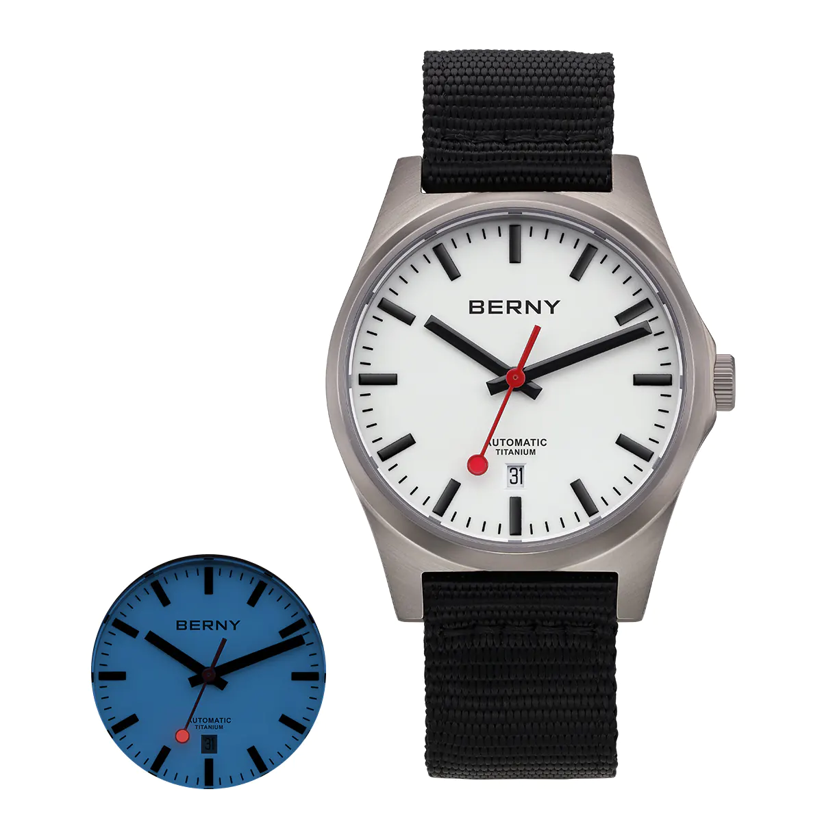 Berny AMT258MS dial blanco frontal mostrando legibilidad estilo ferroviario con agujas negras y numeración clara