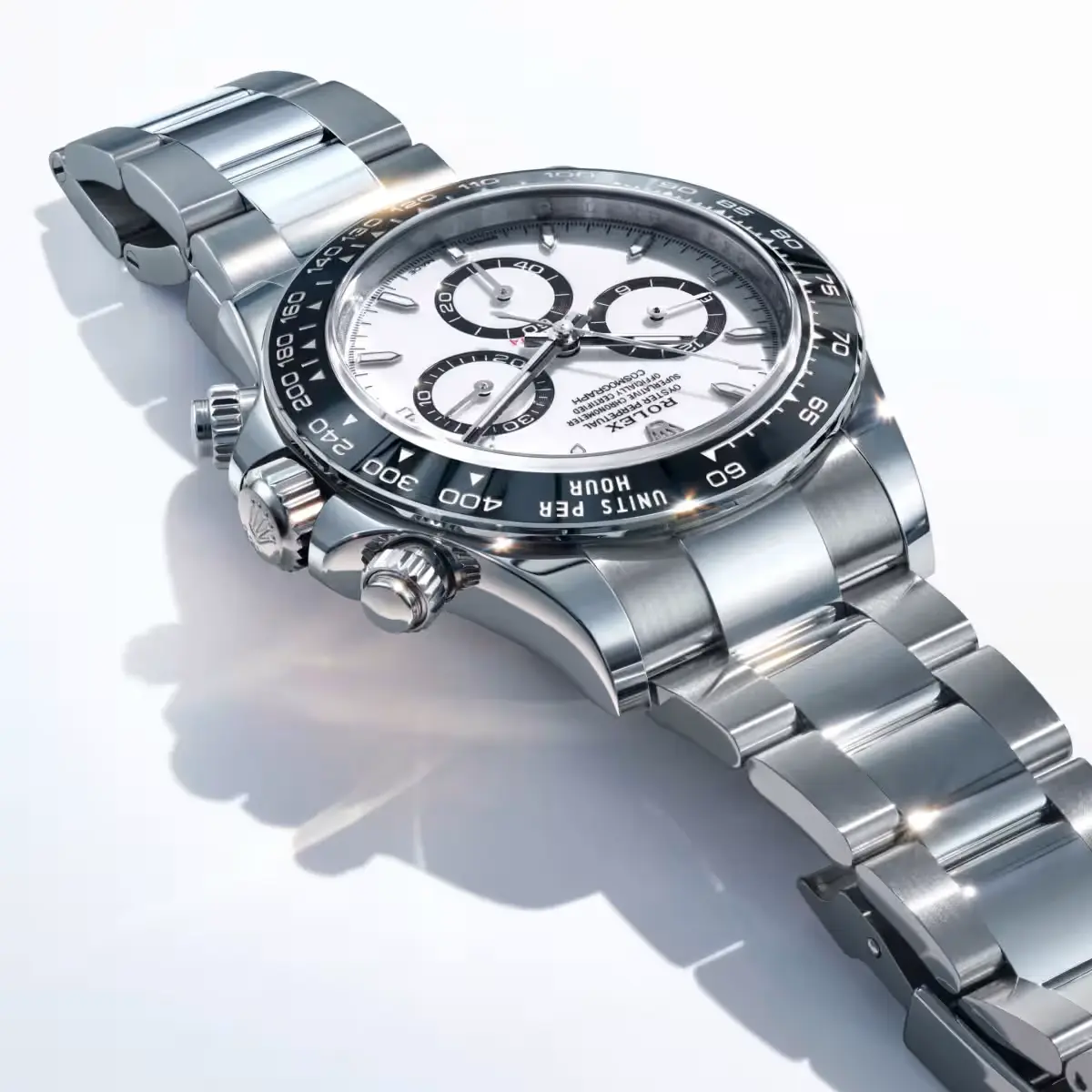 Cronógrafos de lujo 2026: Rolex Daytona Panda con esfera blanca icónica mostrando la mecánica táctil de alta relojería