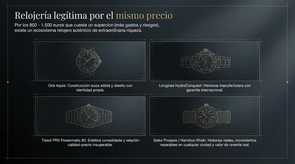 Superclones Rolex en Dubái: La Verdad que Nadie te Cuenta 9 alternativas legítimas réplicas Oris Aquis Longines HydroConquest Tudor Black Bay relojes auténticos