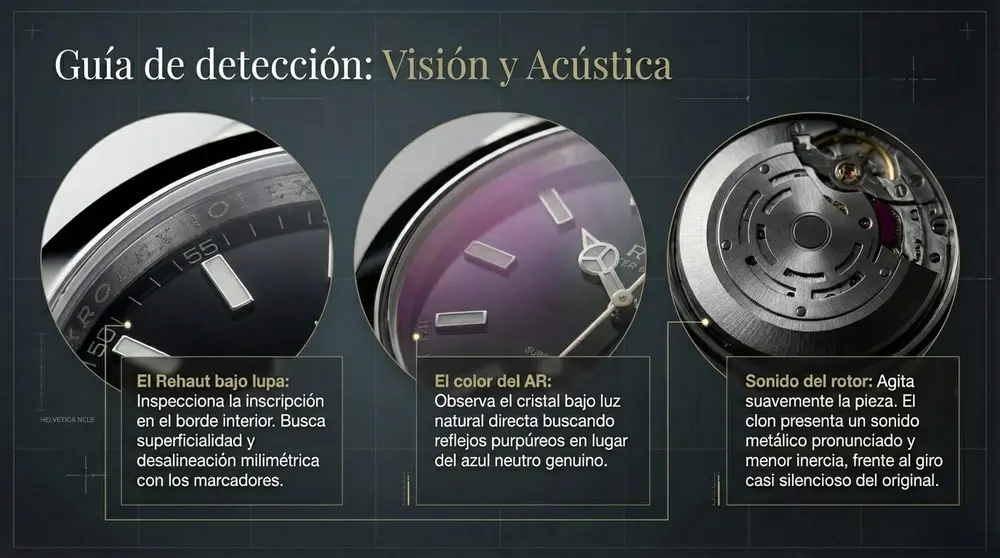 Superclones Rolex en Dubái: La Verdad que Nadie te Cuenta 6 cómo detectar Rolex falso rehaut grabado láser alineación índices autenticidad verificación