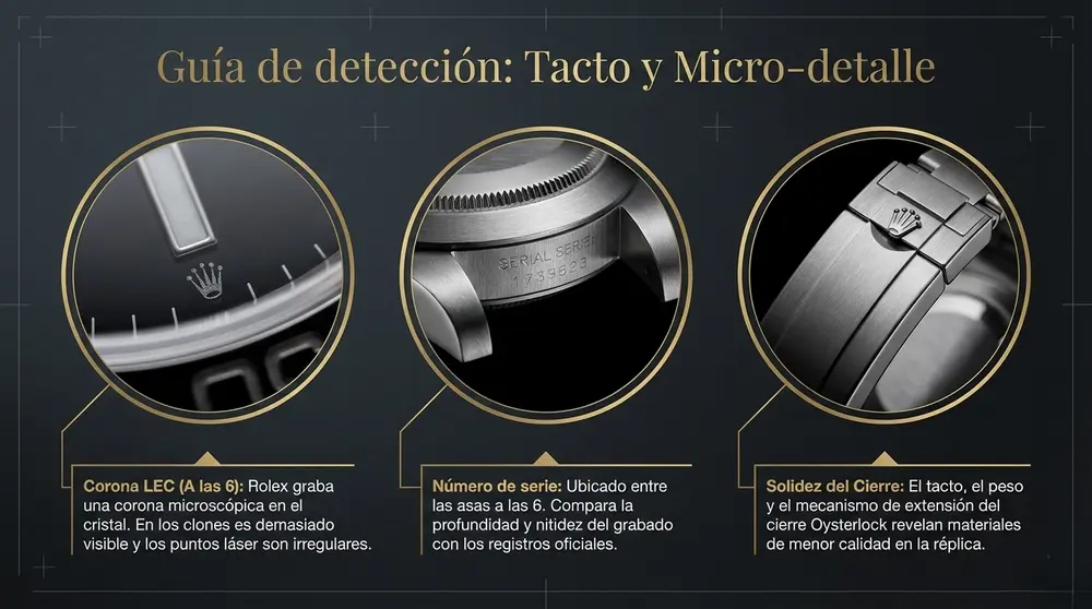 Superclones Rolex en Dubái: La Verdad que Nadie te Cuenta 7 detectar superclon corona microscópica LEC cristal zafiro Rolex verificación autenticidad réplica