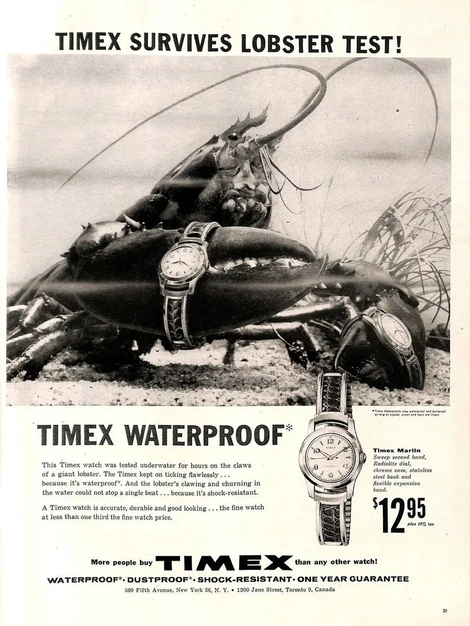 Anuncio publicitario de Timex de los años cincuenta protagonizado por John Cameron Swayze, mostrando un reloj tras una prueba de resistencia extrema